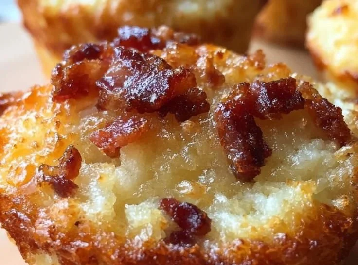 Maple Bacon Pancake Muffins topped with crispy bacon and maple syrup glaze.
