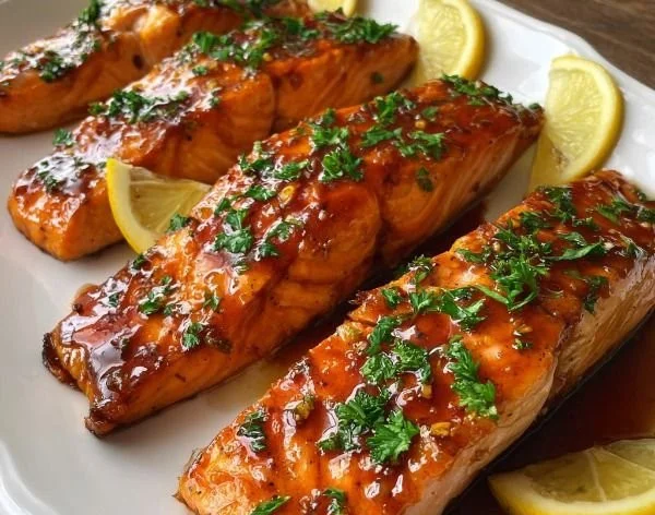 Maple-glazed baked salmon on a white plate with herbs