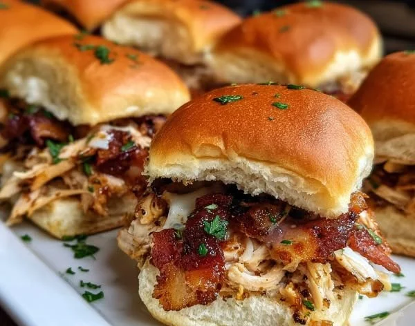 Maple-glazed chicken bacon sliders served on a platter