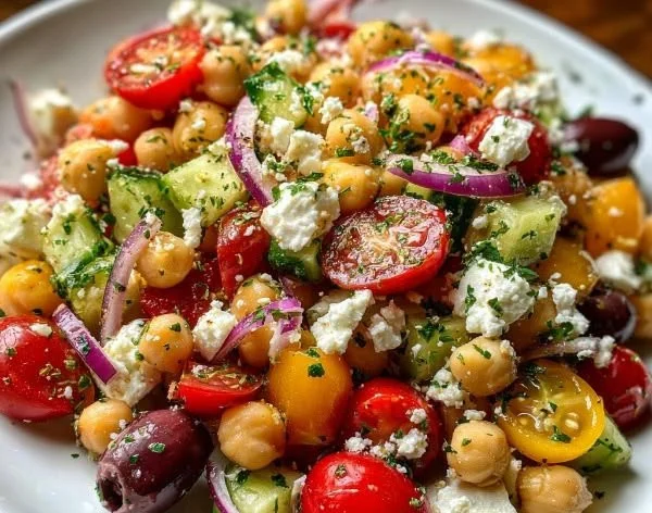 Mediterranean Chickpea and Feta Salad with fresh vegetables and herbs