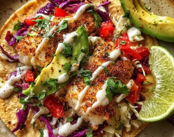 Delicious Mexican fish tacos garnished with lime crema and fresh ingredients.