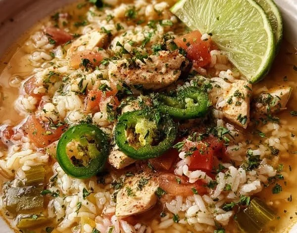 Mexican lime chicken rice soup garnished with cilantro and lime slices