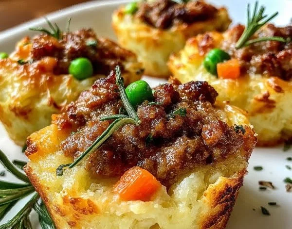 Mini Shepherd's Pie Bites served on a plate with fresh herbs