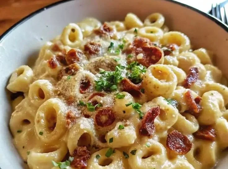 Delicious Minute Creamy Tortellini Carbonara served in a bowl with herbs on top.