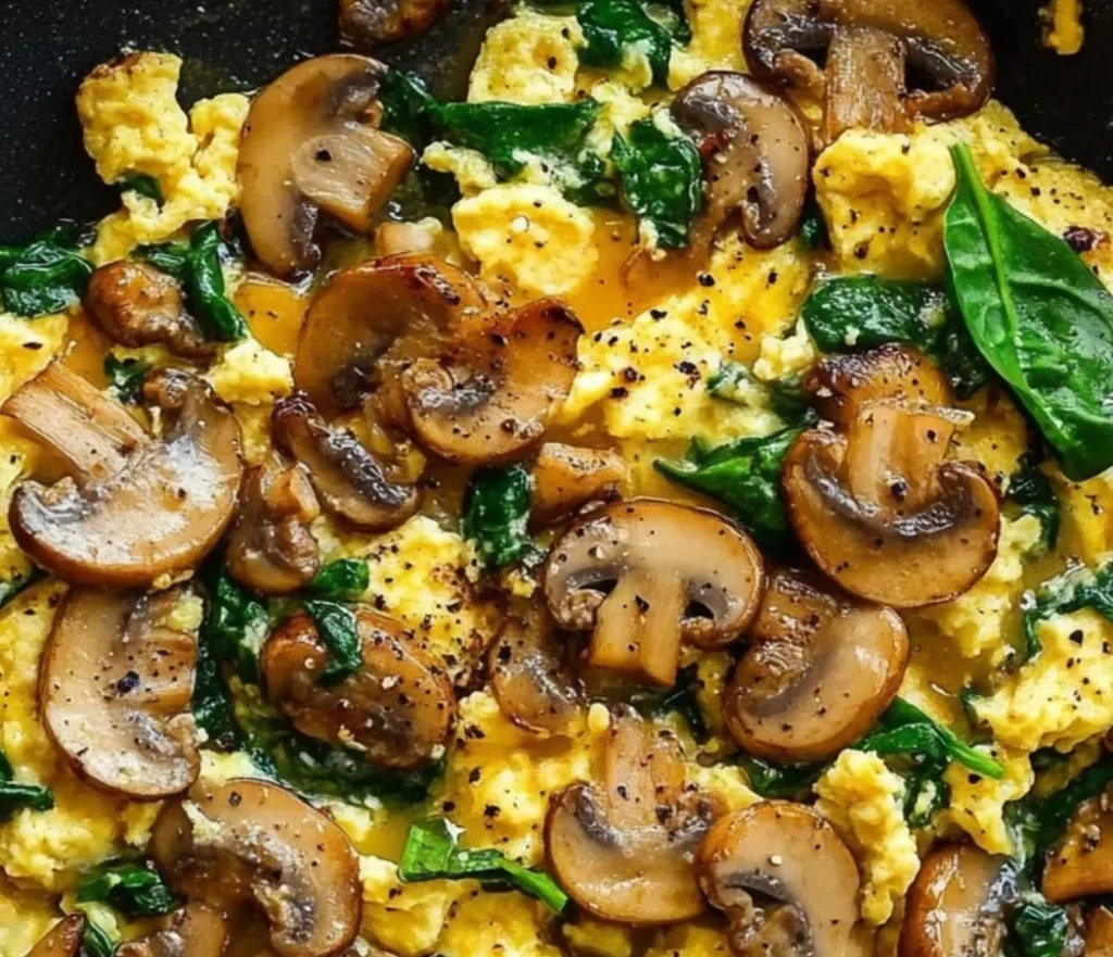 Mushroom and spinach scrambled eggs on a plate, garnished with herbs