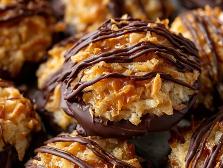 Delicious no-bake Samoa cookies with chocolate, coconut, and caramel topping.