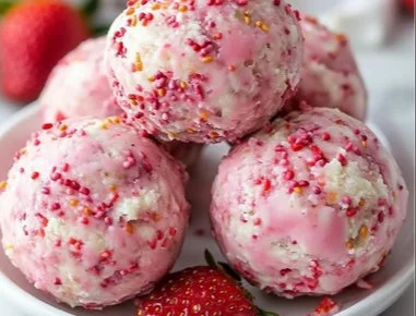No-bake strawberry cheesecake bites served on a platter with fresh strawberries.