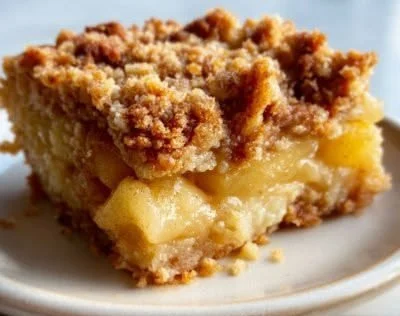 Delicious old fashioned apple crisp dessert served warm with a scoop of ice cream.