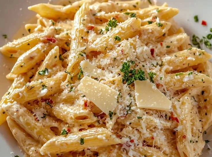 One-Pot Creamy Garlic Pasta in a bowl garnished with parsley