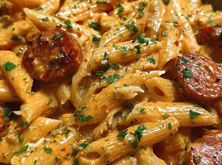 One-Pot Creamy Spicy Cajun Sausage Pasta dish with vibrant spices and creamy sauce