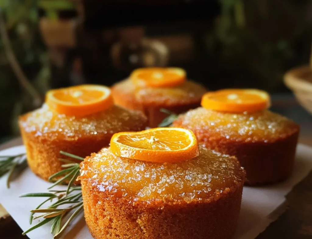 Deliciously moist Orange Ginger Honey Cakes garnished with fresh oranges and ginger.