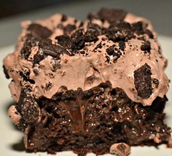Delicious OREO DIRT CAKE topped with crushed cookies and served in a decorative pot.