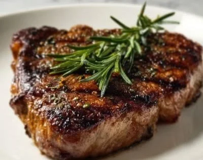 Oven-cooked juicy ribeye steak with garlic and rosemary served on a plate