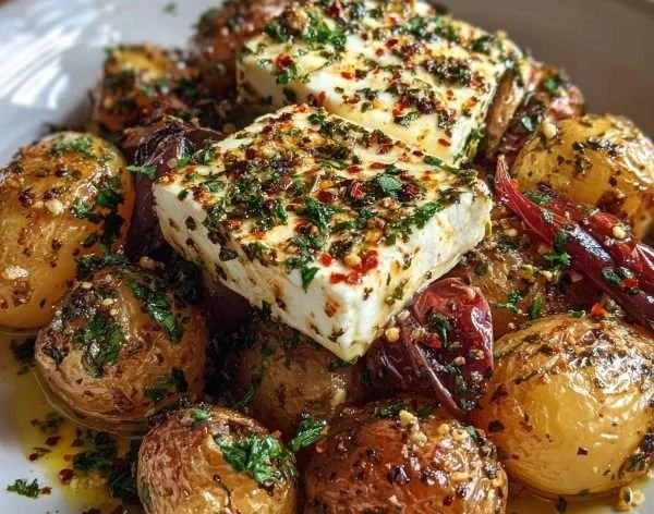 Oven-roasted potatoes with feta and garlic, garnished and golden brown.