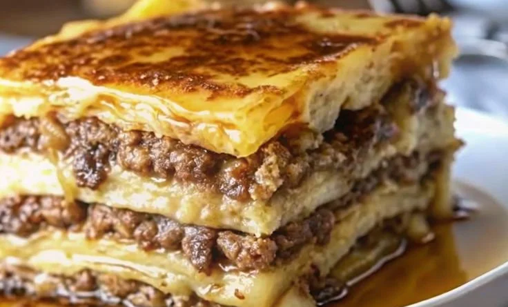 Delicious pancake sausage casserole layered like breakfast lasagna