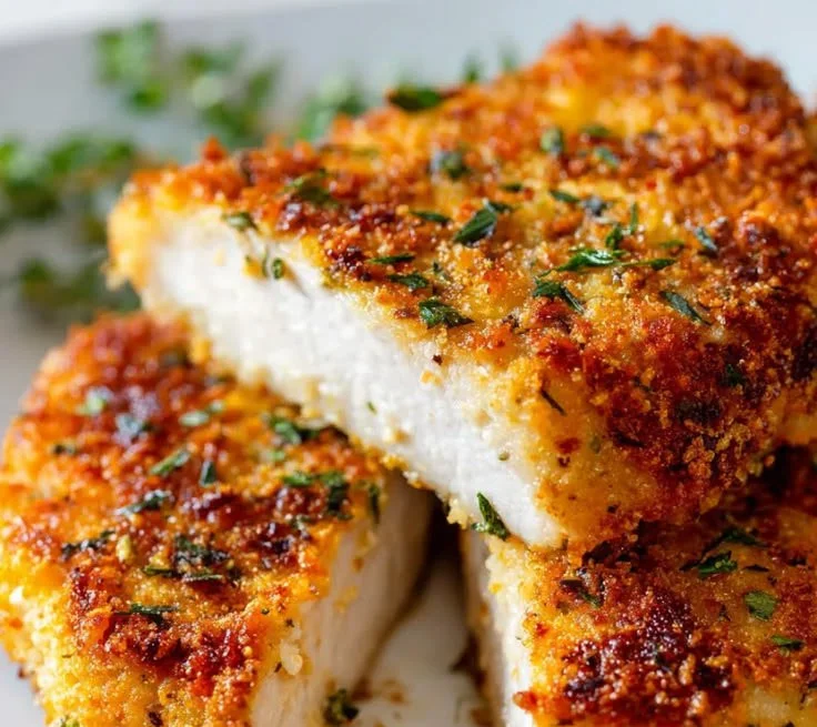Crispy Parmesan Baked Pork Chops served on a plate with herbs