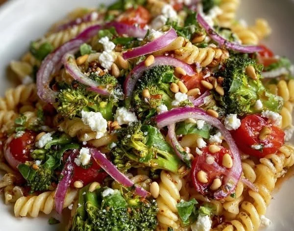 Colorful and fresh pasta salad with vegetables and dressing
