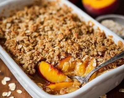 Delicious homemade peach crisp dessert with crunchy topping and fresh peaches