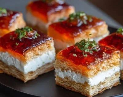 Delicious Pepper Jelly Cream Cheese Bites appetizer on a platter.