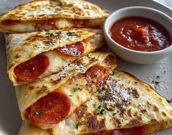 Delicious pepperoni pizza quesadillas served on a plate with dipping sauce