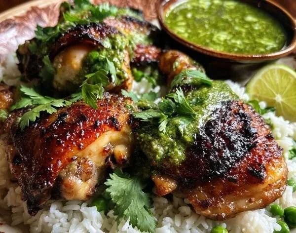 Peruvian chicken served with rice and green sauce, showcasing vibrant colors and flavors.