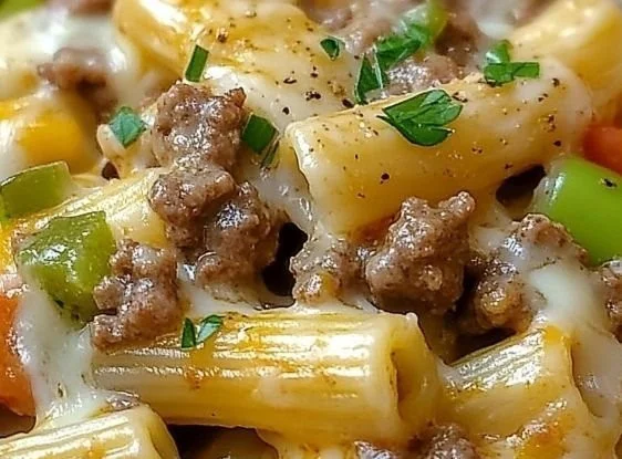 Delicious Philly Cheesesteak pasta with beef, cheese, and peppers