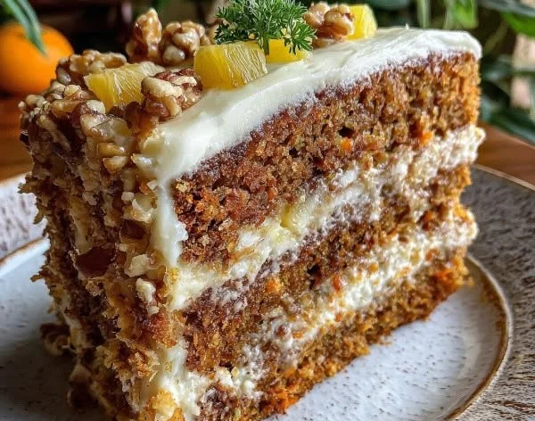 Delicious pineapple carrot cream cake topped with creamy frosting and garnished.