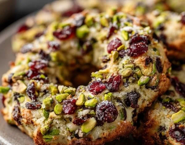 Homemade Pistachio Cranberry Wreath Cookies on a festive plate.