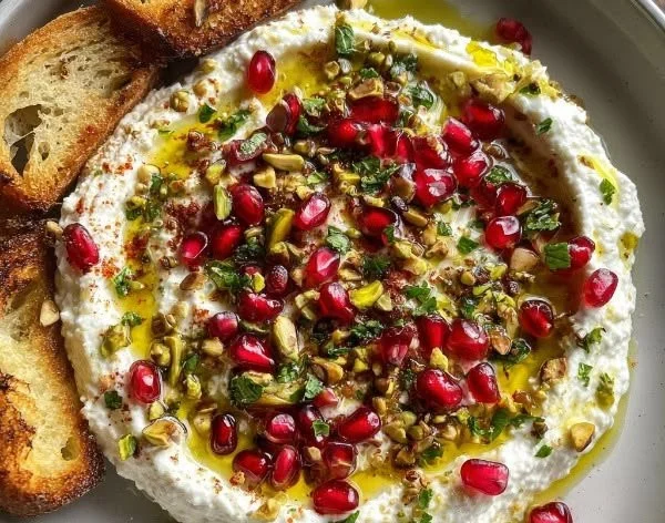 Pomegranate Pistachio Feta Dip served in a bowl with fresh herbs.