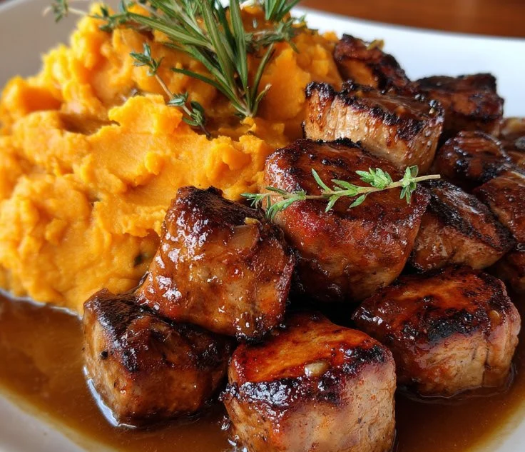 Delicious Pork in Apple Cider served with mashed sweet potatoes.