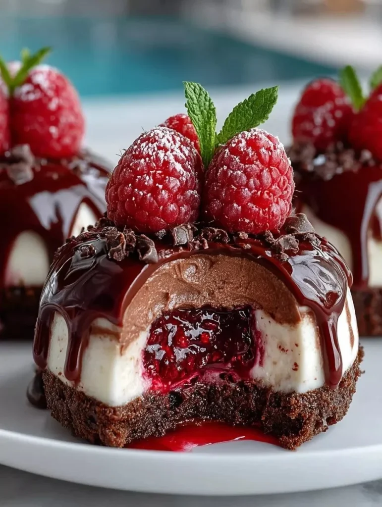 Delicious Raspberry Chocolate Cheesecake Dome Dessert with raspberry topping