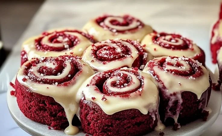 Delicious red velvet cinnamon rolls with cream cheese frosting on a plate