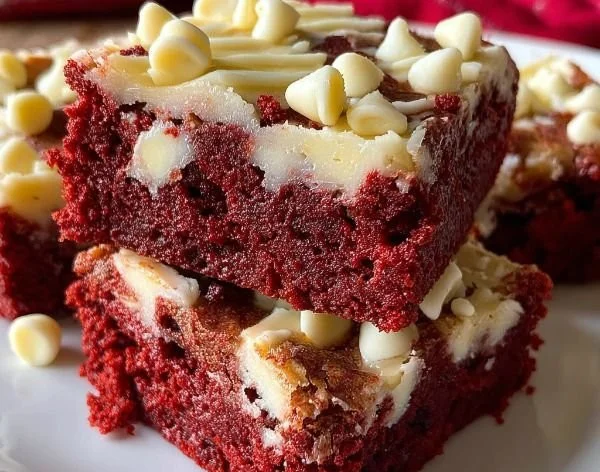 Delicious red velvet cookie bars fresh out of the oven topped with cream cheese frosting.