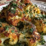 Roasted cauliflower topped with Parmesan cheese and fresh pesto sauce