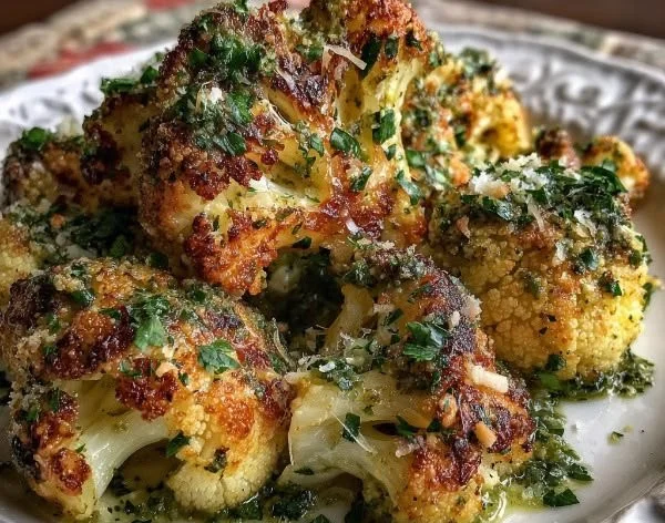 Roasted cauliflower topped with Parmesan cheese and fresh pesto sauce
