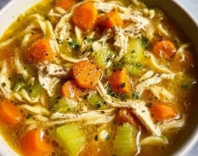 Bowl of delicious rotisserie chicken noodle soup with egg noodles and vegetables