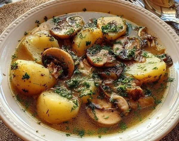 Bowl of Russian-Style Potato and Mushroom Soup garnished with herbs