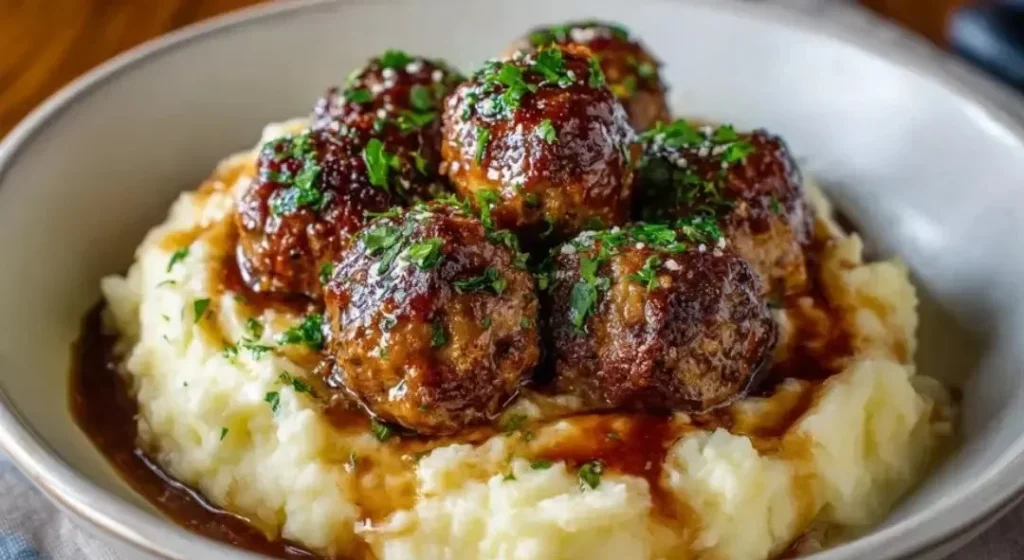 Delicious Salisbury steak meatballs served with garlic herb mashed potatoes