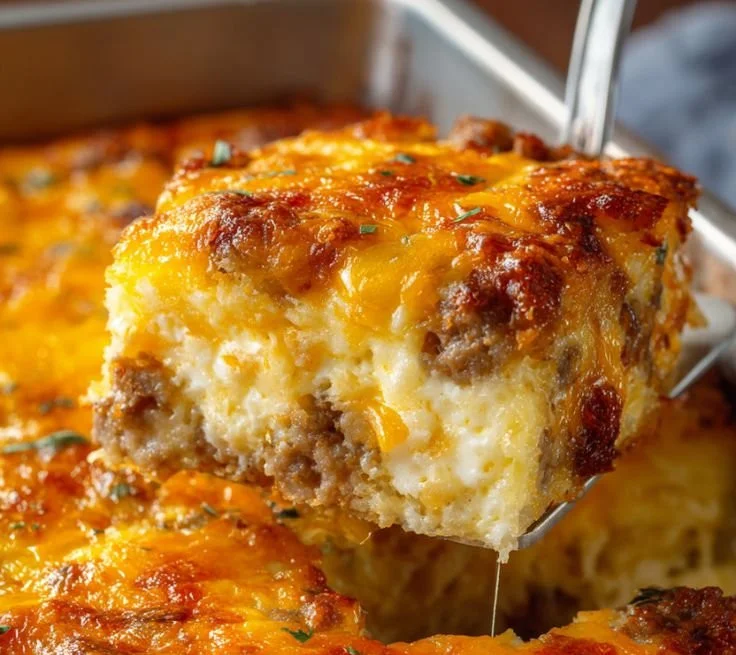 Delicious Sausage, Egg, and Cream Cheese Hashbrown Casserole served in a baking dish
