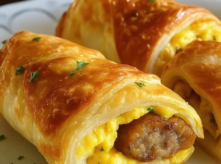 Healthy sausage egg breakfast roll-ups ready to be served on a plate.