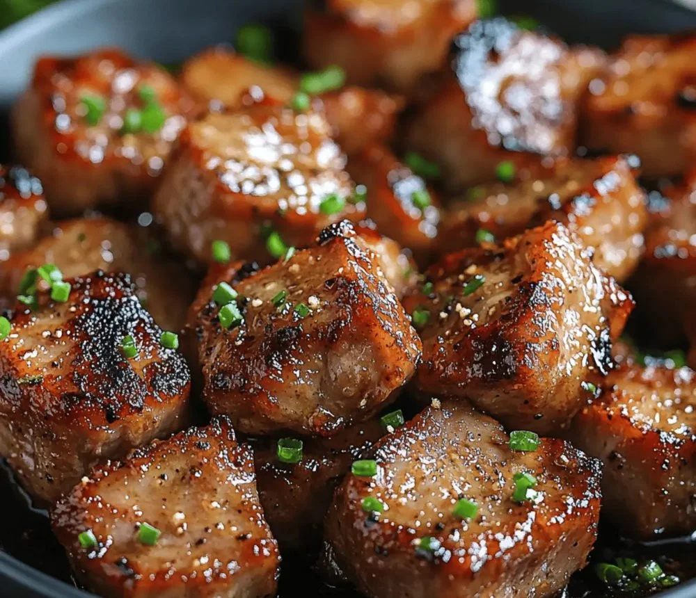 Savory garlic pork bites served on a platter