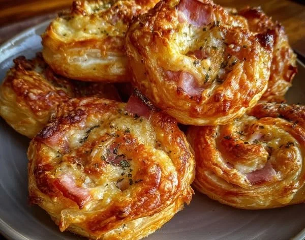 Savory ham and cheese puff pastry swirls on a baking sheet