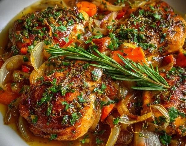 Savory herb-infused crockpot chicken ready to serve with fresh herbs and spices