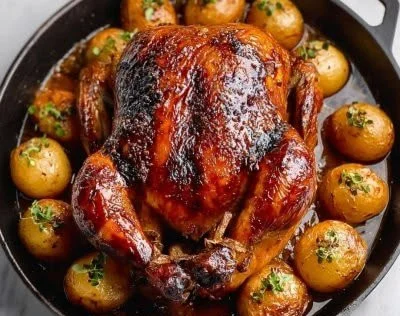Savory whole roast duck garnished with herbs and served on a platter
