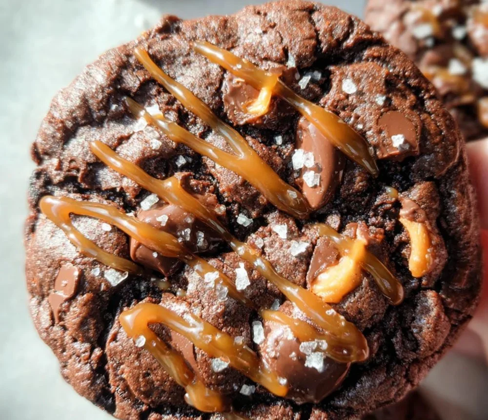 Double chocolate sea salt caramel cookies on a plate ready to enjoy