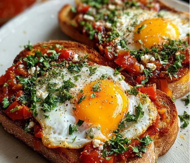 Delicious shakshouka served on toast, showcasing poached eggs and spices.