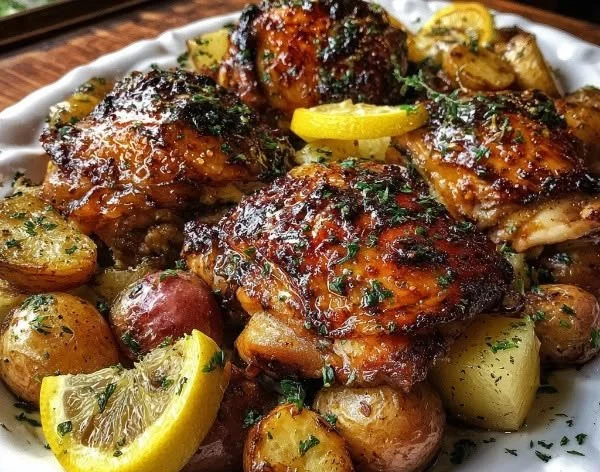 Sheet pan lemon balsamic chicken with roasted potatoes ready to serve