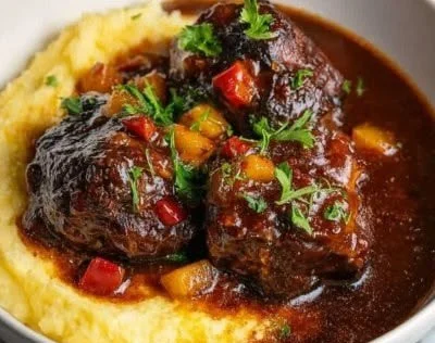 Plate of slow-cooked braised oxtail in red wine, garnished for serving.