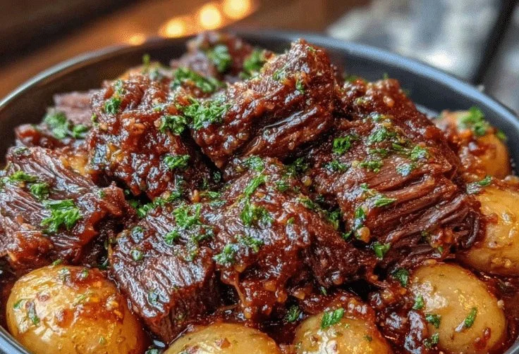 Slow Cooker Garlic Butter Beef with Potatoes served on a plate
