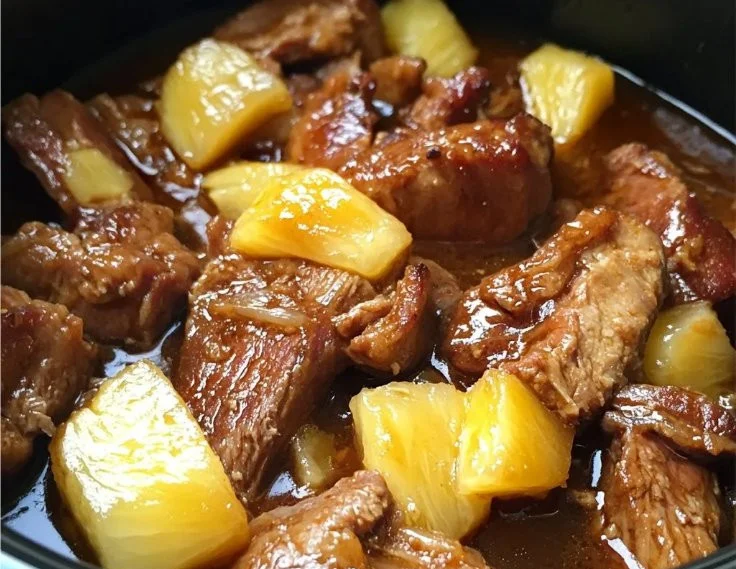 Slow cooker pineapple pork recipe with fresh ingredients and vibrant flavors.